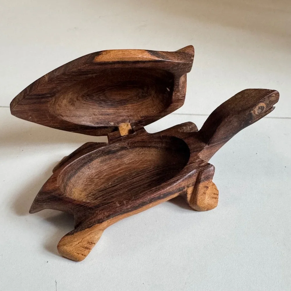 Hand Carved Wooden Turtle Trinket Box Hinged Shell Figurine Storage Brown Wood